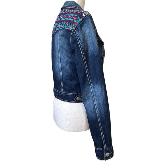 Maurices Aztec Embroidered Dark Sandblast Cotton Denim Jean Jacket - M - Blue - Picture 6 of 11